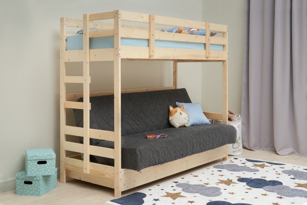 Двухъярусная кровать массив с диван-кроватью темно-серый / натуральный