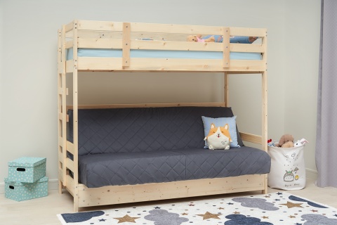 Двухъярусная кровать массив с диван-кроватью велюр серый / натуральный